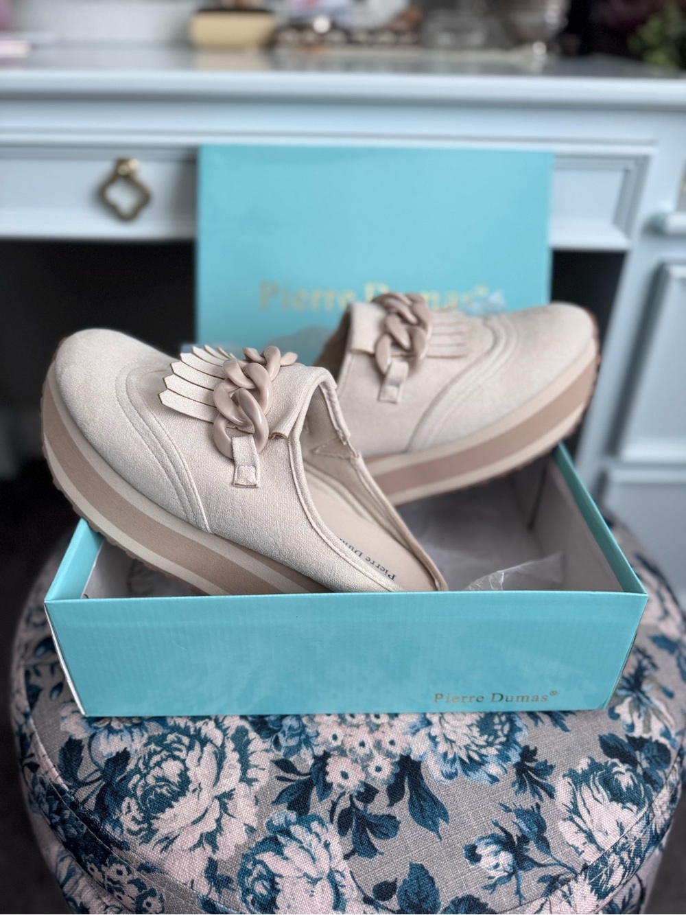 Pierre Dumas Blush Beige Platform Slip-On Mules with Fringe Chain